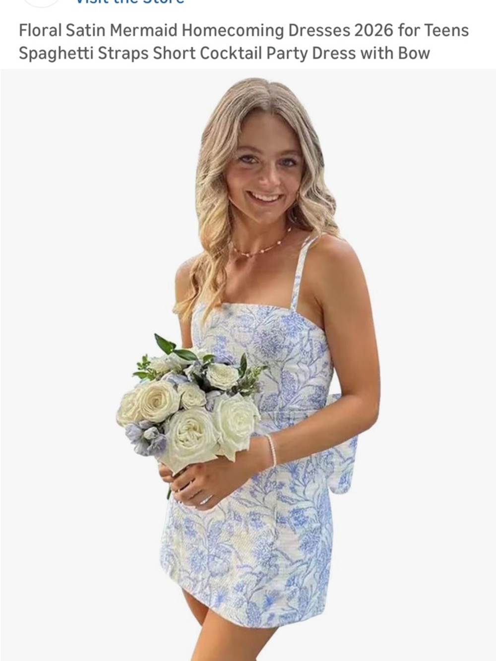 New Floral Spaghetti Strap Mini Dress - Blue & White. Removable bow on back.
